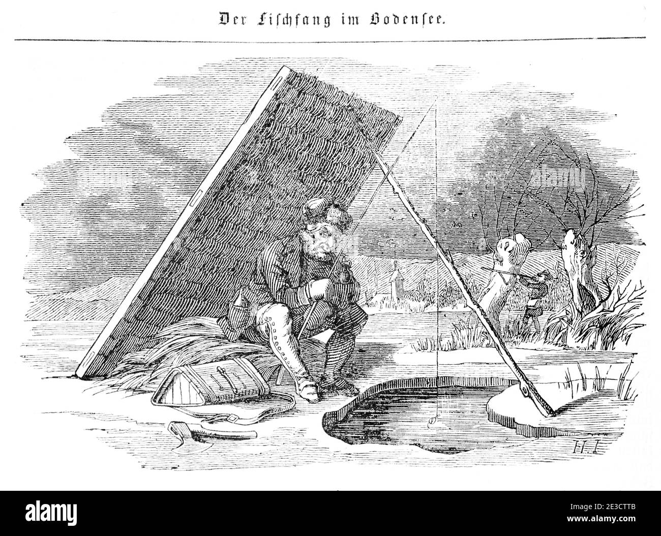 Homme pêche sur glace en Wintetime, calendrier suisse avec une histoire sur les pêcheurs au lac de Constance et les motifs de coresponding, Saint-Gall Suisse 1853 Banque D'Images