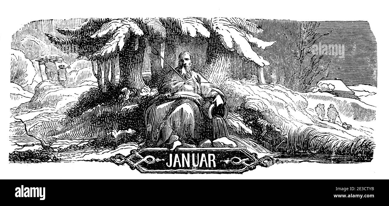 Conte de fées M. Frost assis dans un paysage alpin gelé au mois de janvier, illustré calendrier suisse de 1853, Saint-Gall Suisse 1853 Banque D'Images