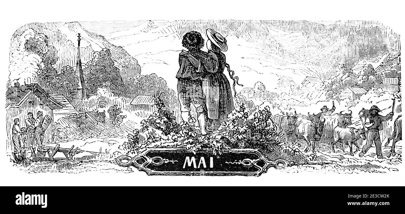 Déplacement de bétail vers les pâturages alpins, mois de mai dans le calendrier suisse illustré de 1853 avec les mois de l'année, Saint-Gall Suisse 1853 Banque D'Images
