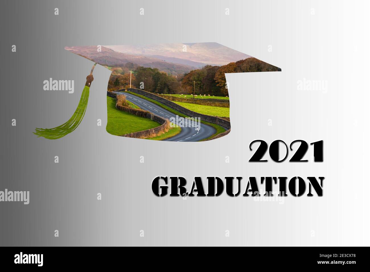 Graduation 2021. Paysage en forme de casquette. Classe de 2021 ans. Concept d'éducation. Illustration 3D Banque D'Images