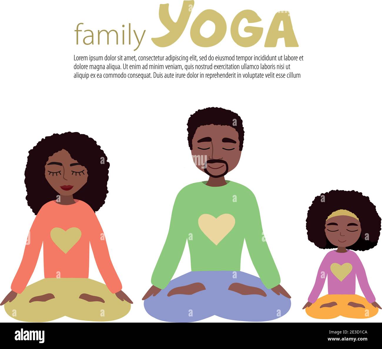 Illustration du vecteur Yoga de la famille afro-américaine. Jeune homme barbu, femme et leur fille faisant du yoga dans la position de Lotus Illustration de Vecteur