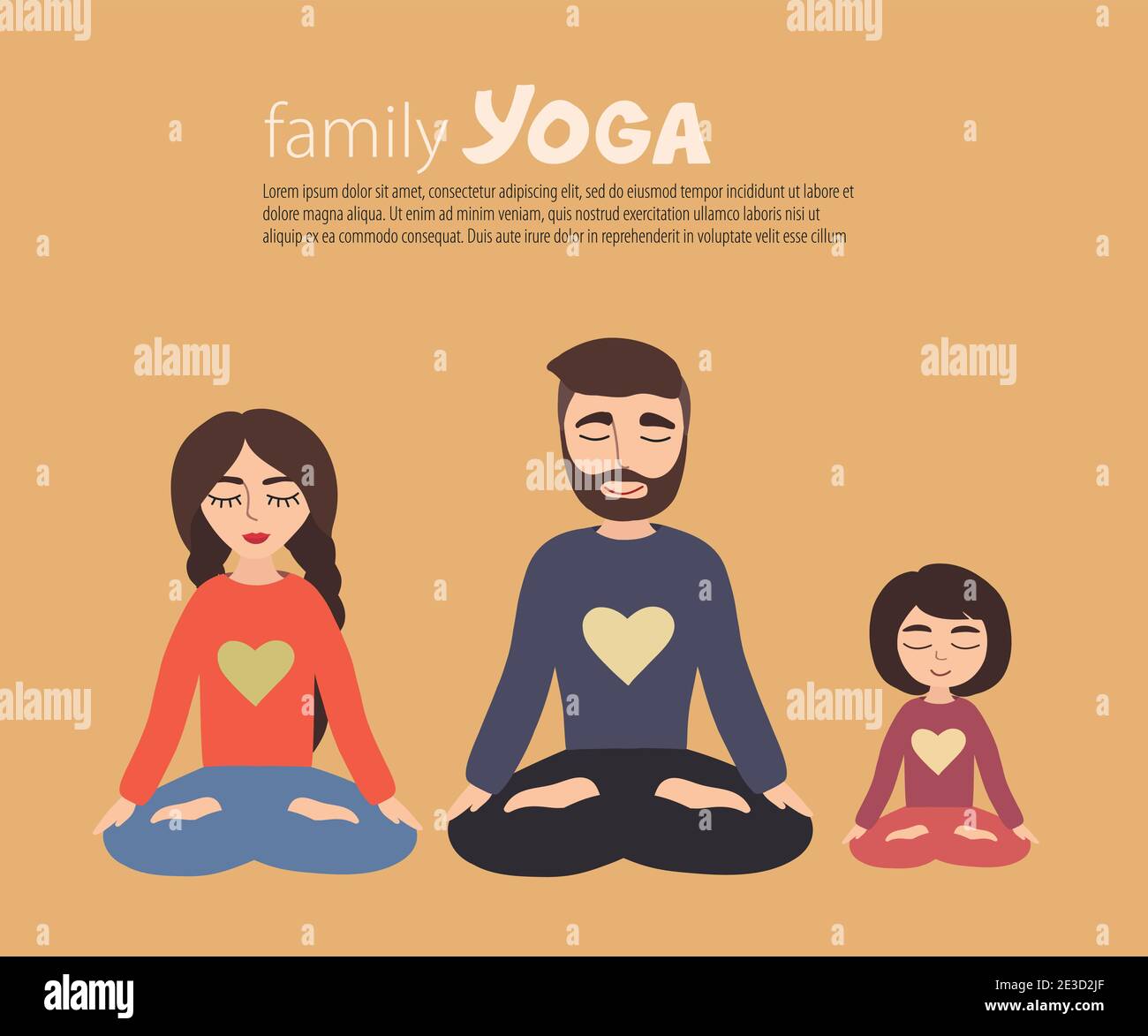 Illustration vectorielle de yoga familial.jeune homme barbu, femme et leur fille faisant du yoga dans la position du Lotus Illustration de Vecteur