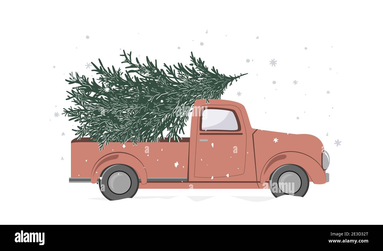 Camion rétro rouge de Noël avec un arbre de Noël sur fond blanc. Pick-up vintage avec sapin, illustration vectorielle Illustration de Vecteur