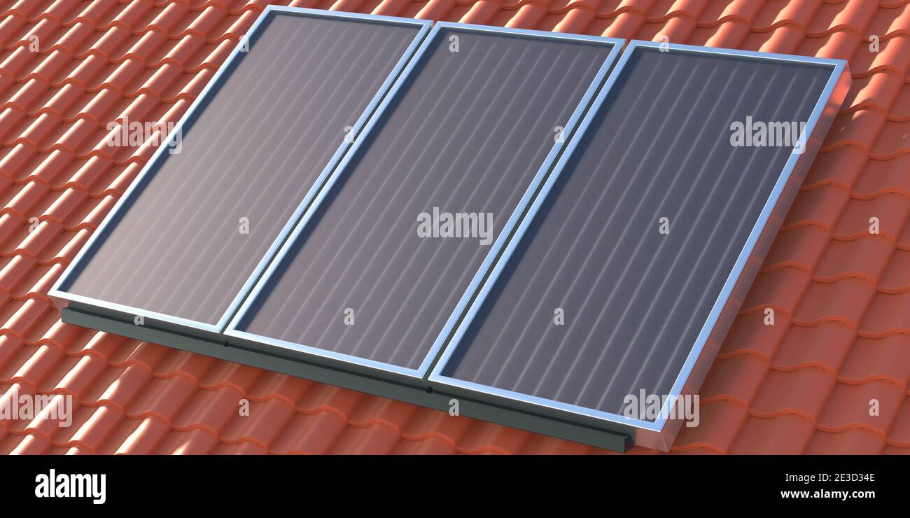 Panneaux solaires sur l'arrière-plan des tuiles de toit de la maison. Capteurs photovoltaïques, concept de source d'énergie alternative pour le chauffage de l'eau. illustration 3d Banque D'Images