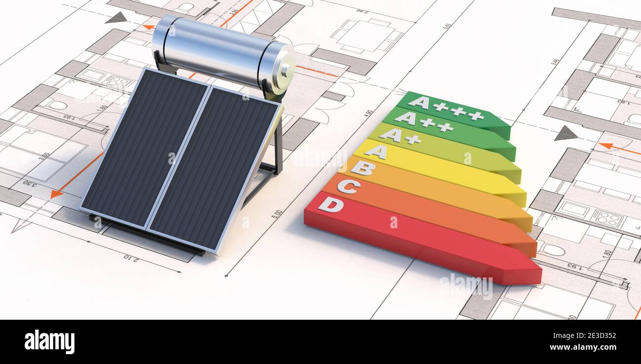 Tableau du système de chauffage solaire de l'eau et de l'efficacité énergétique sur l'arrière-plan du projet. Concept de conception et de construction d'énergie renouvelable. illustrat 3d Banque D'Images