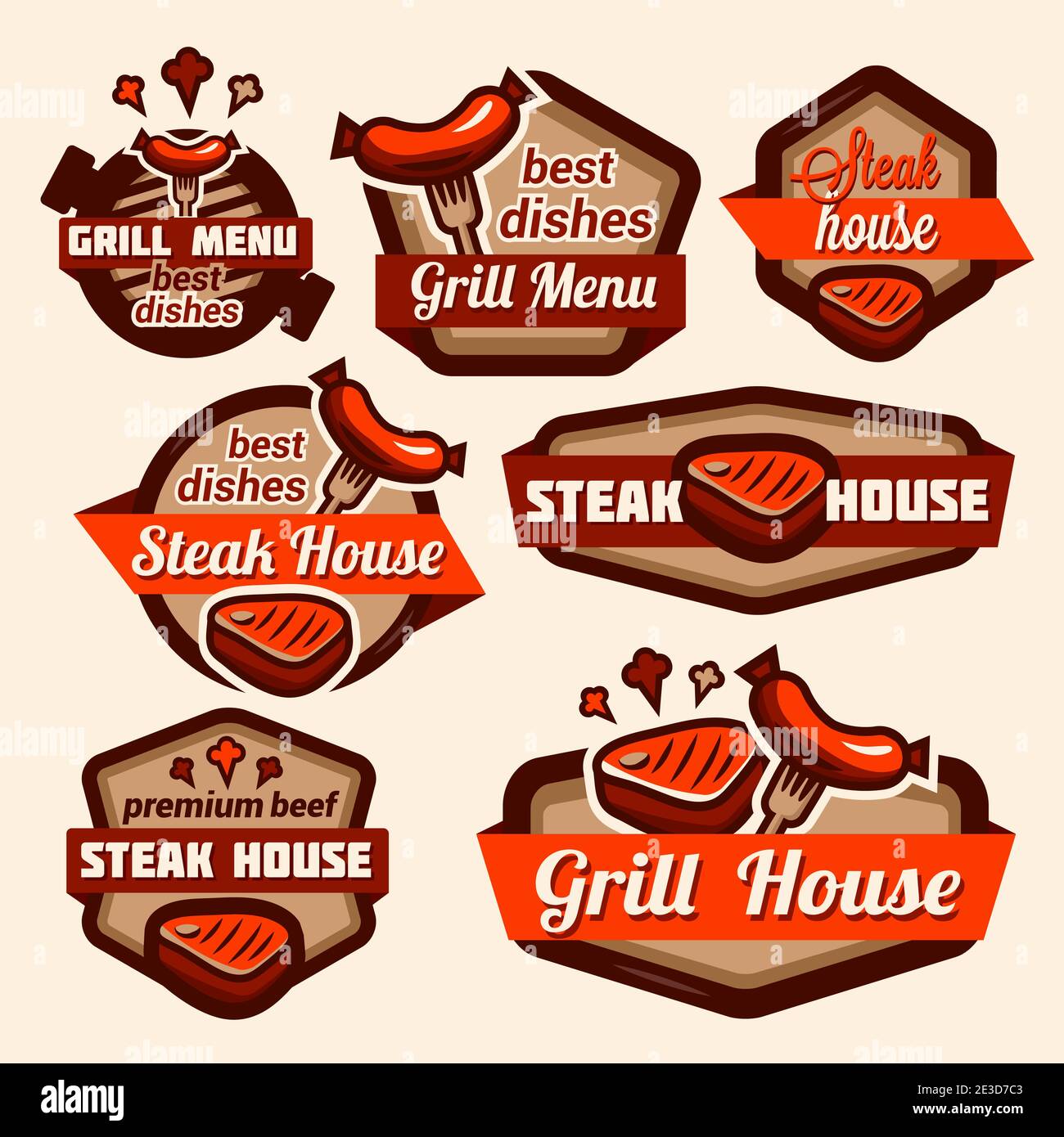 Éléments de fast food et barbecue, étiquette typographique ou autocollant. Modèle de conception. Illustration vectorielle. Illustration de Vecteur