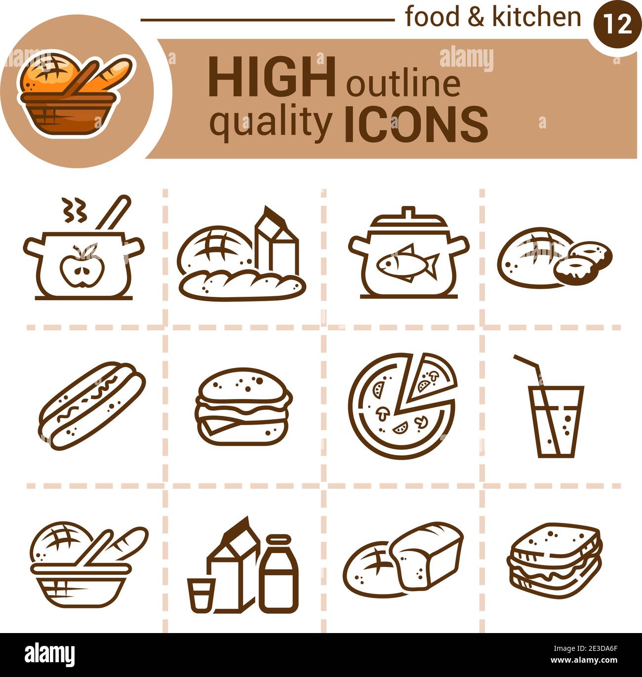 Lignes plates icônes de la nourriture et de la cuisine, ensemble vectoriel. Illustration de Vecteur