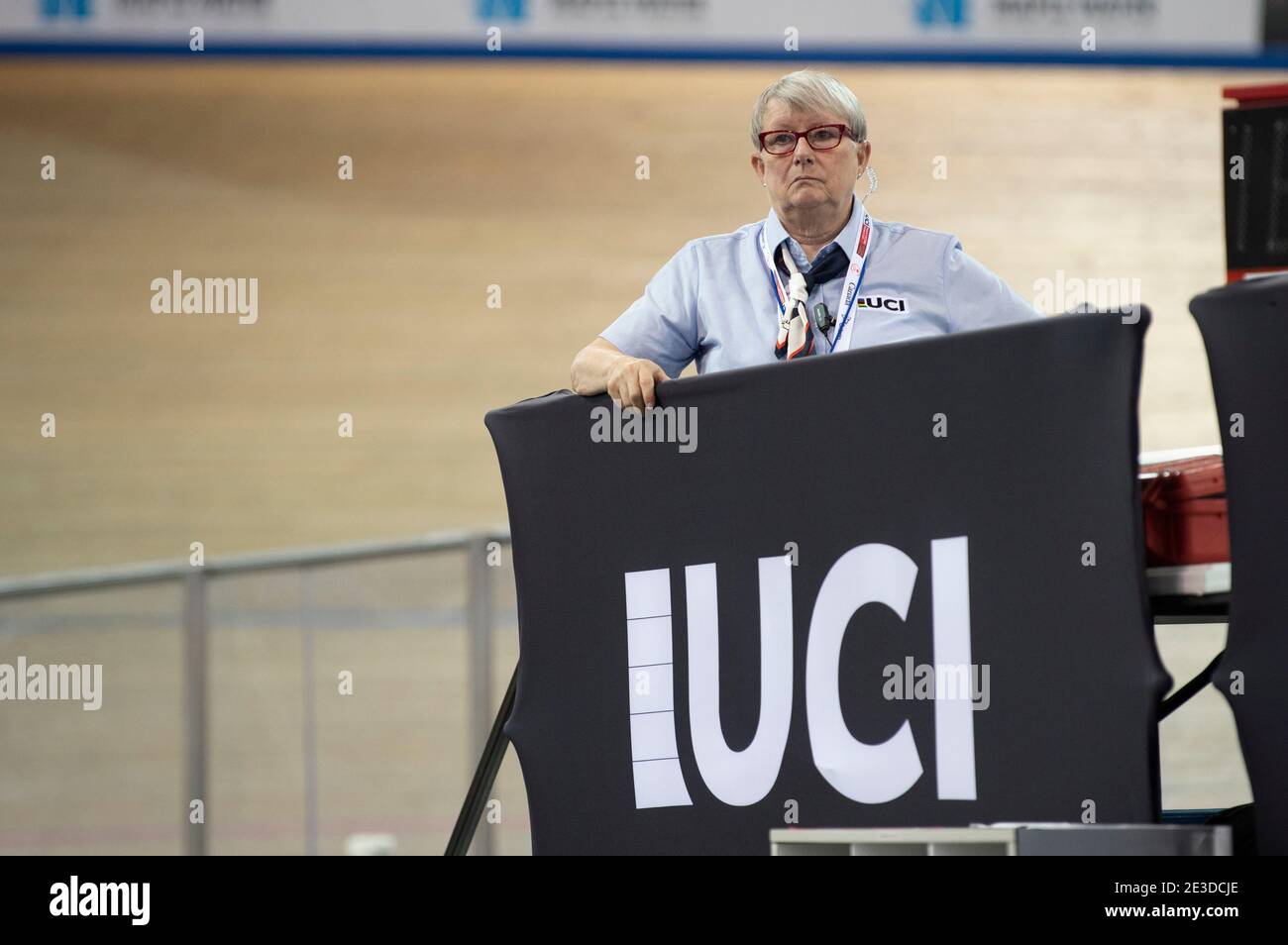 Noreen Landis, responsable en chef de l'UCI, du concours USA watches. Coupe du monde de cyclisme sur piste UCI, Milton (Ontario), 26 janvier 2020 Banque D'Images