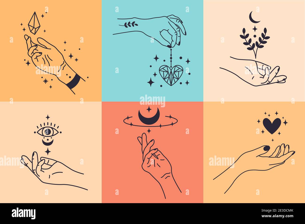 Mains de femmes. Mouvements de la main réduits au minimum. Armes féminines avec cristal, coeur et fleur vecteur jeu d'illustration Illustration de Vecteur