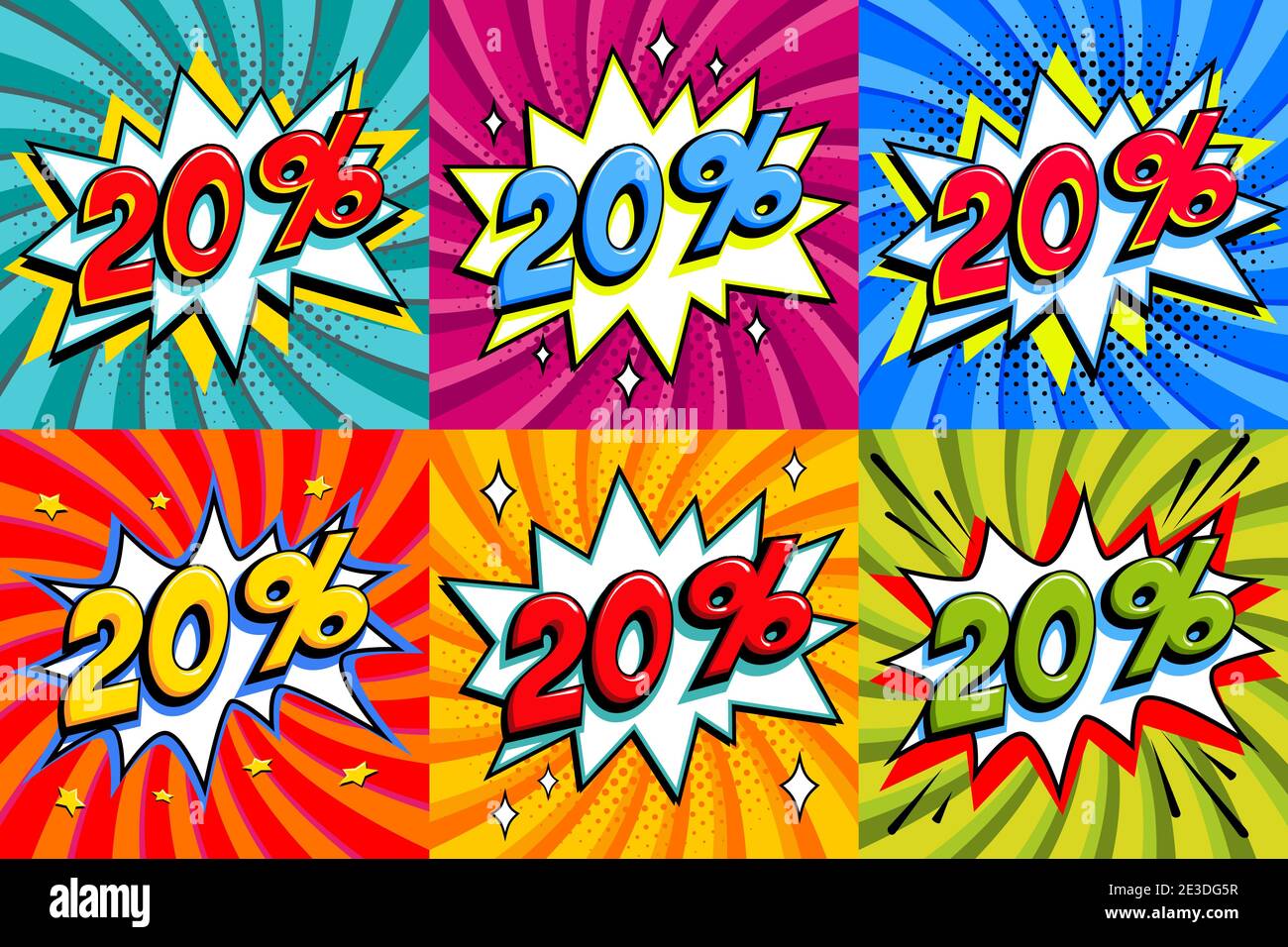 Ensemble solde. Solde 20 % de rabais de 20 étiquettes sur un fond en forme de coup de style Comics. Bandeaux promotionnels de réduction sur les bandes dessinées pop art. Réductions saisonnières, Black Illustration de Vecteur
