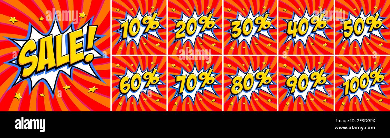 Ensemble de soldes rouges. Inscription à la vente et tous les chiffres de pourcentage. Couleurs jaune et rouge. Bannières Web de style BD pop-art, animation flash, autocollants, étiquettes. Illustration de Vecteur