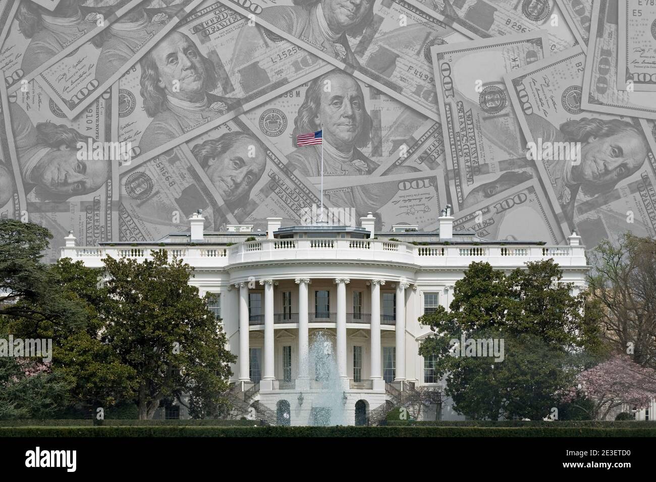 Les États-Unis d'Amérique la Maison Blanche des États-Unis à Washington D.C. est superposée sur une collection de billets de 100 dollars, avec de la place pour le texte ci-dessus. Banque D'Images