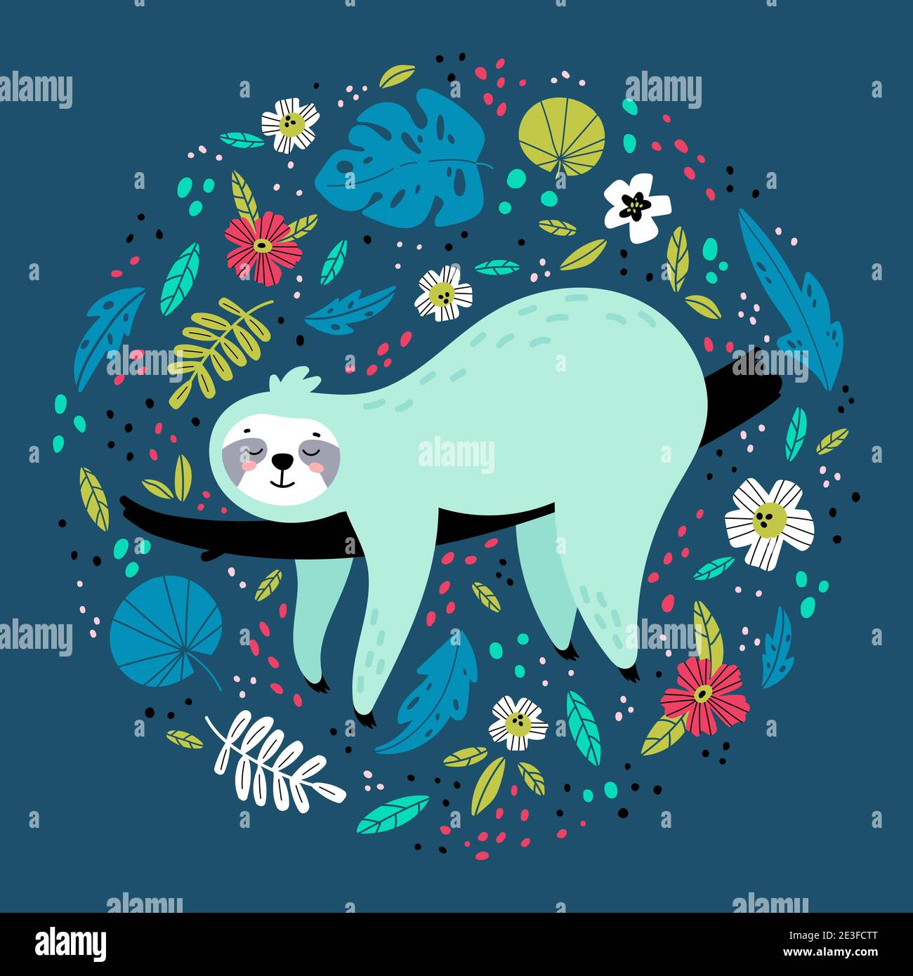 Sloth dans diverses feuilles et fleurs tropicales. Illustration de Vecteur