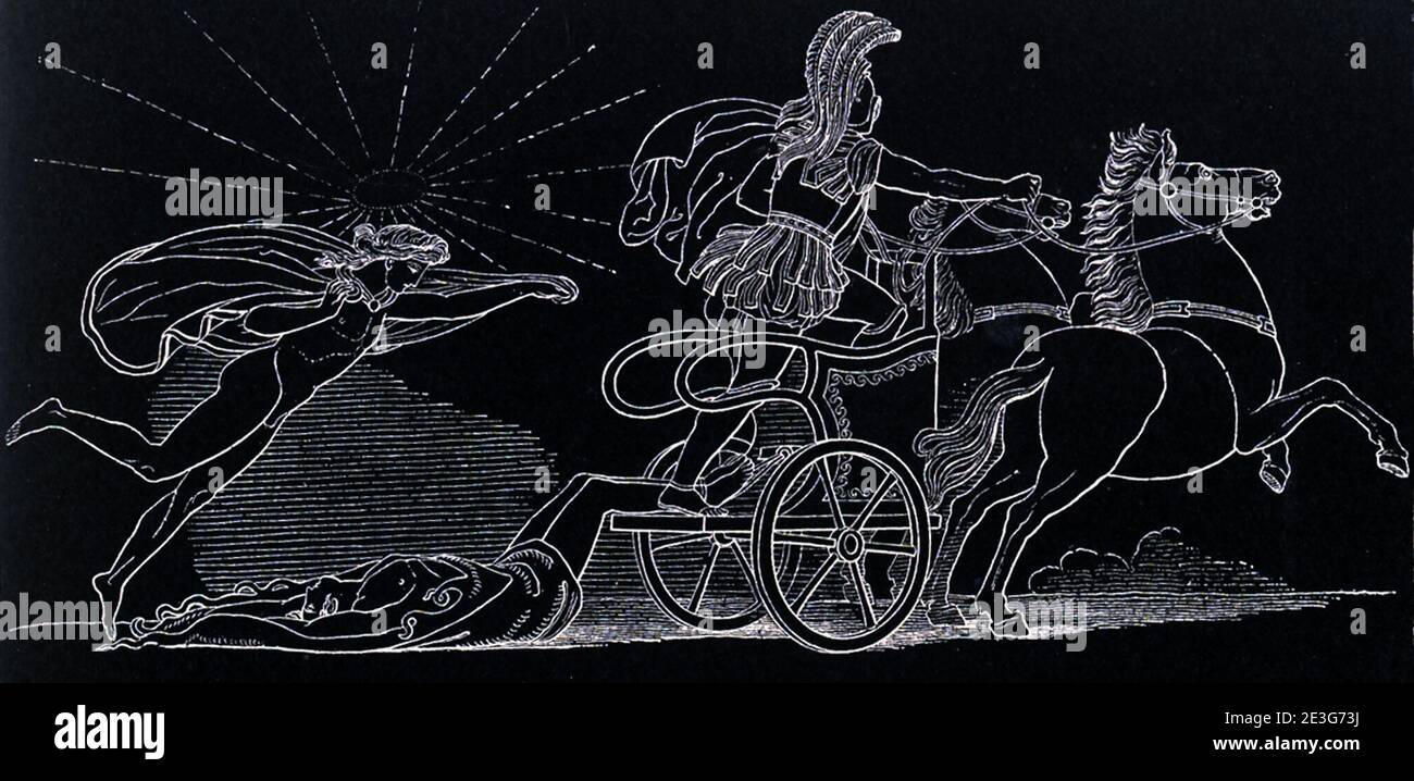 Cette scène est l'un des nombreux dessins que le sculpteur et dessinateur anglais John Flaxman (1755–1826) a fait pour illustrer des passages de l'épopée grecque Homer's Iliad and Odyssey, une commission qu'il avait donnée par Georgiana Hare-Naylor alors qu'il vivait à Rome. Il représente le corps de Hector traîné au chariot d’Achille. Il a été fait 1793. Banque D'Images