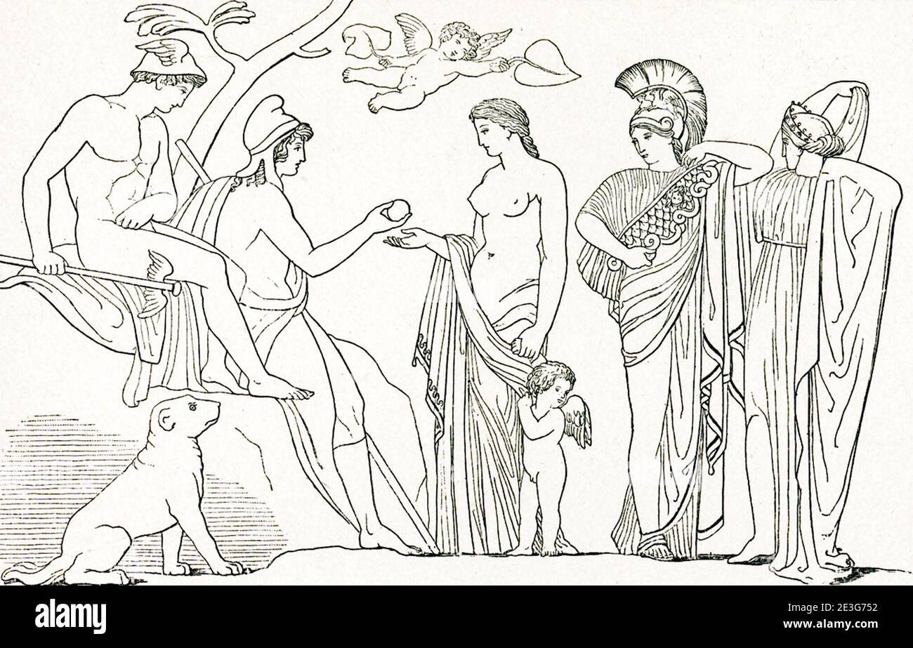 Cette scène est l'un des nombreux dessins que le sculpteur et dessinateur anglais John Flaxman (1755–1826) a fait pour illustrer des passages de l'épopée grecque Homer's Iliad and Odyssey, une commission qu'il avait donnée par Georgiana Hare-Naylor alors qu'il vivait à Rome. Il représente le jugement de Paris. Il a été fait 1793. Banque D'Images
