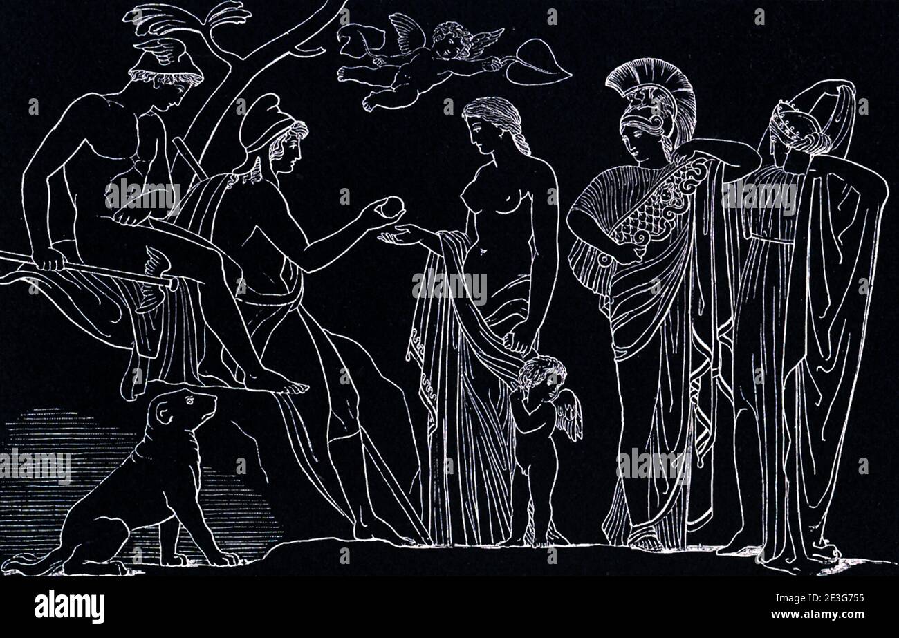 Cette scène est l'un des nombreux dessins que le sculpteur et dessinateur anglais John Flaxman (1755–1826) a fait pour illustrer des passages de l'épopée grecque Homer's Iliad and Odyssey, une commission qu'il avait donnée par Georgiana Hare-Naylor alors qu'il vivait à Rome. Il représente le jugement de Paris. Il a été fait 1793. Banque D'Images