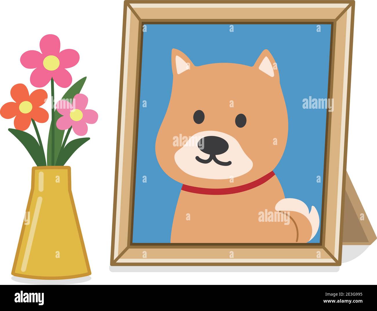 Portrait d'un chien brun décédé avec fleurs offertes. Illustration vectorielle isolée sur fond blanc. Illustration de Vecteur