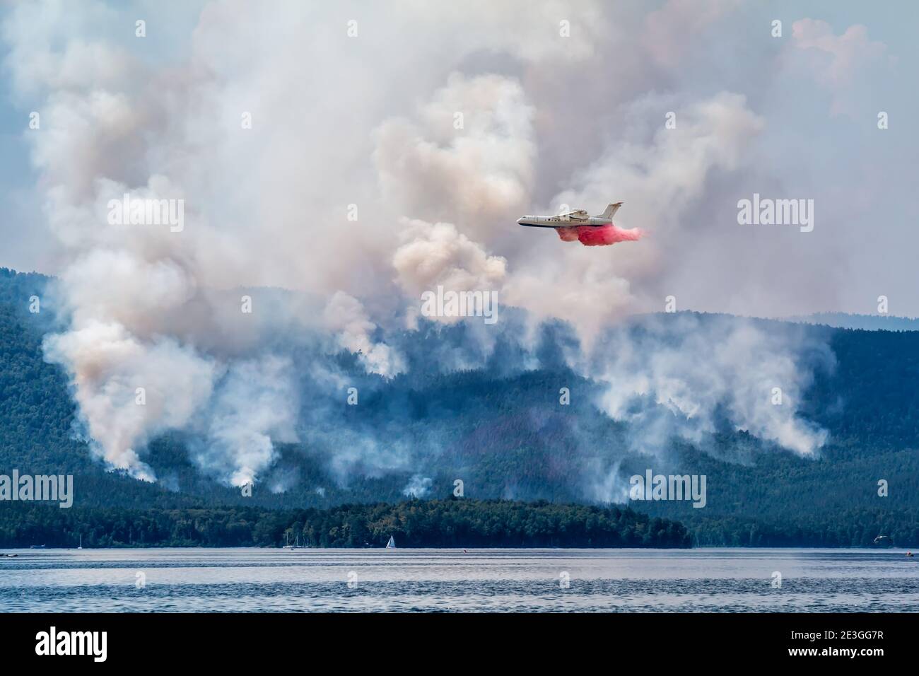 Un avion amphibie dépose de l'eau sur un feu de forêt près du lac Banque D'Images