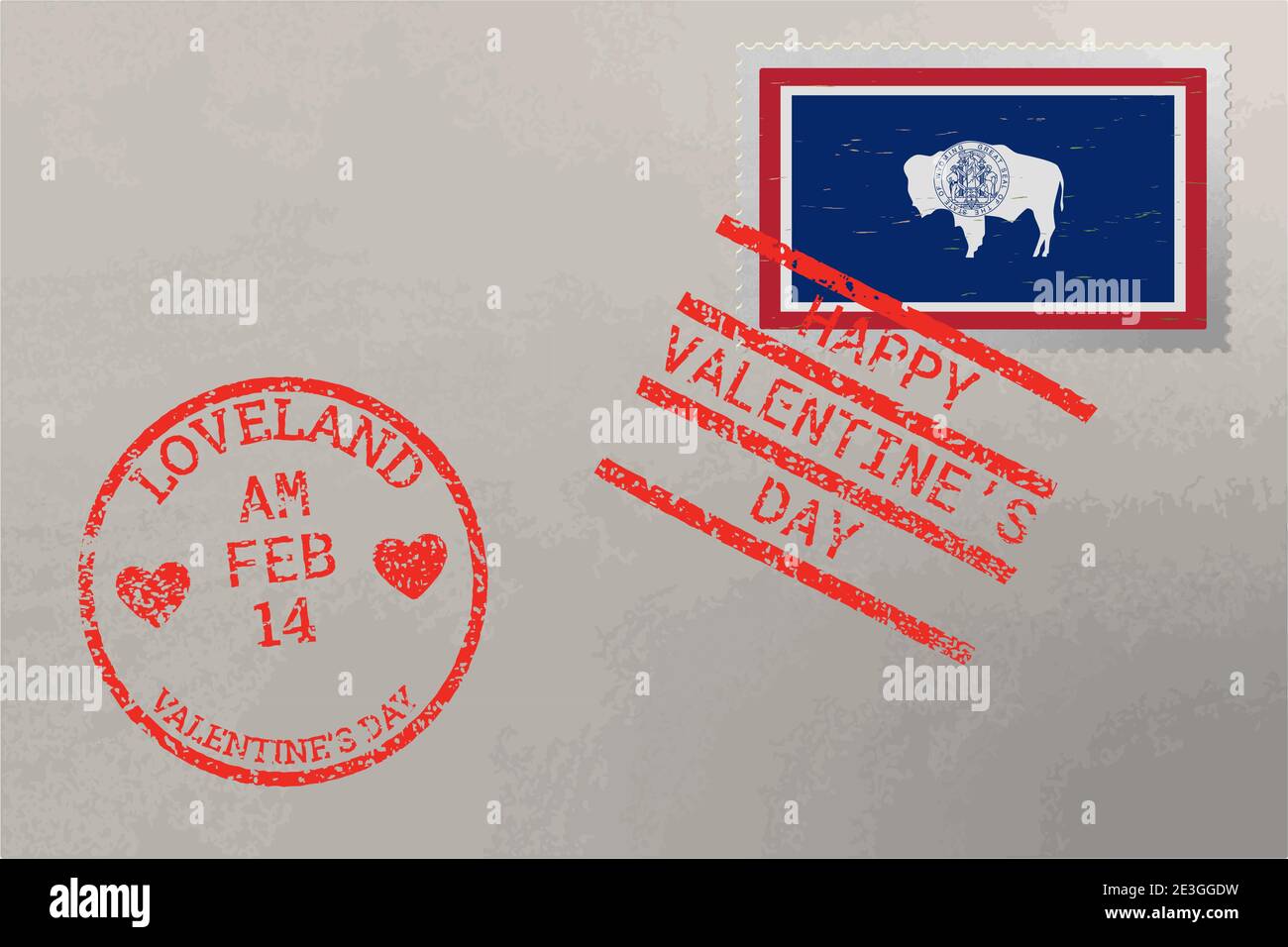 Enveloppe de timbre-poste avec drapeau des États-Unis du Wyoming et timbres de la Saint-Valentin, vecteur Illustration de Vecteur