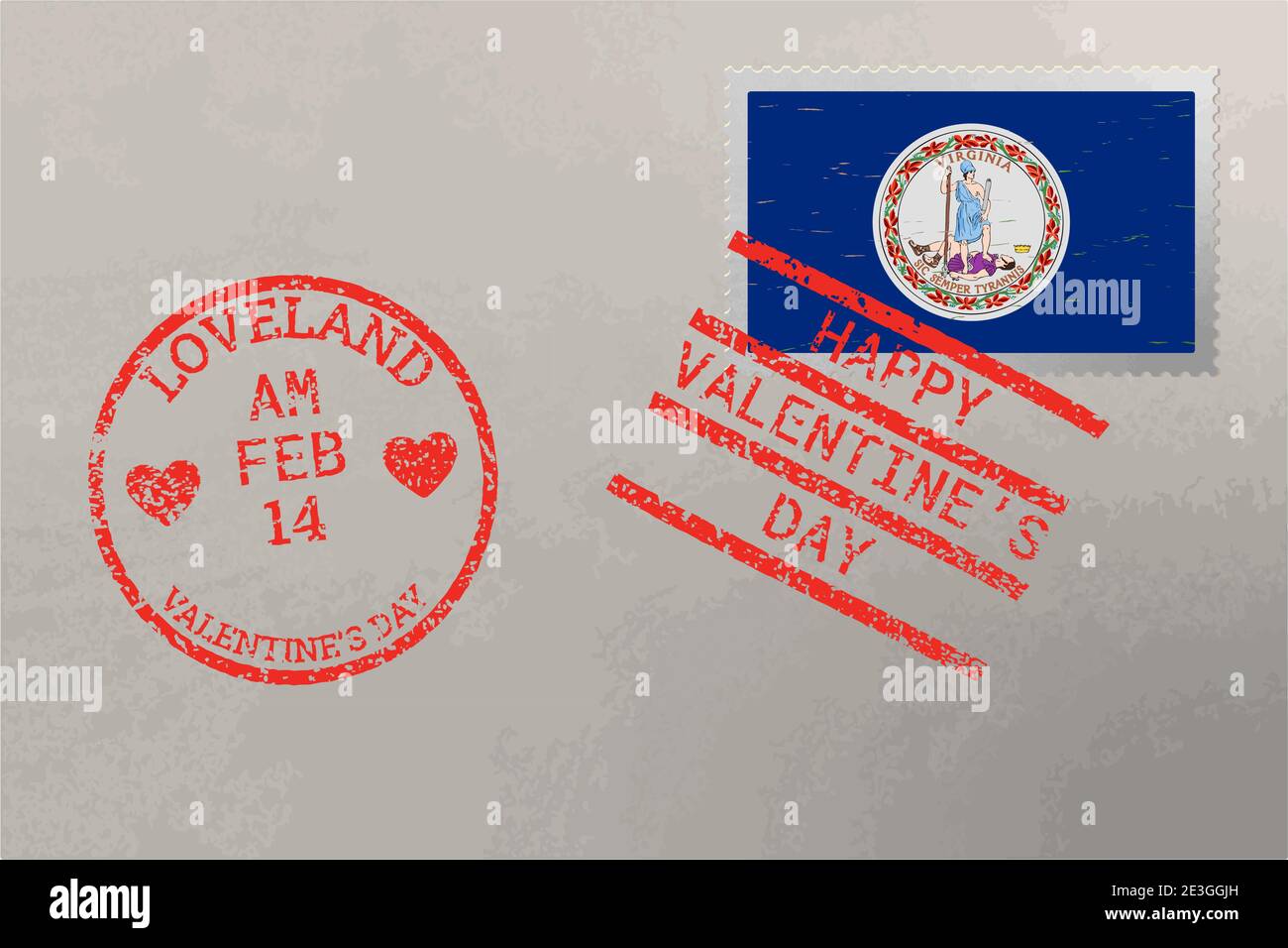 Enveloppe de timbre-poste avec drapeau des États-Unis de Virginie et timbres de Saint-Valentin, vecteur Illustration de Vecteur