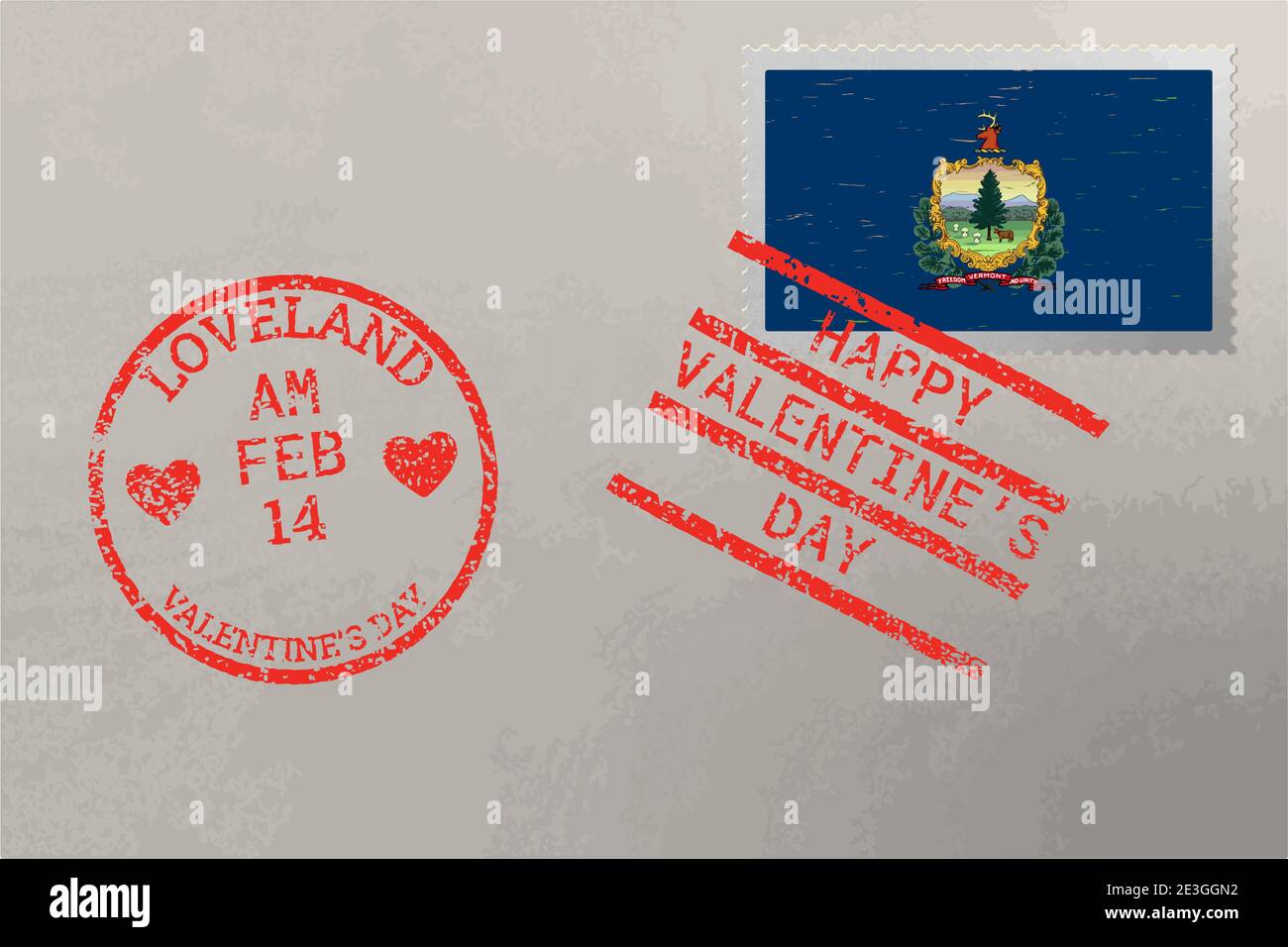Enveloppe de timbre-poste avec drapeau des États-Unis du Vermont et timbres de la Saint-Valentin, vecteur Illustration de Vecteur