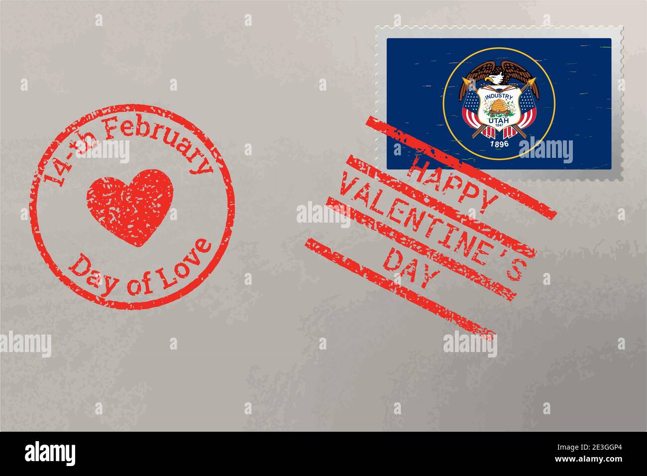 Enveloppe de timbre-poste avec drapeau des États-Unis de l'Utah et timbres de la Saint-Valentin, vecteur Illustration de Vecteur