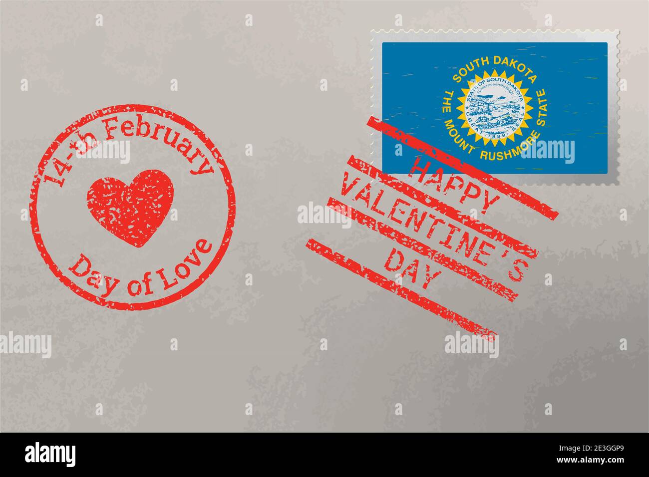 Enveloppe de timbre-poste avec drapeau des États-Unis du Dakota du Sud et timbres de la Saint-Valentin, vecteur Illustration de Vecteur