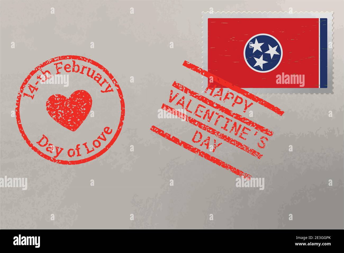 Enveloppe de timbre-poste avec drapeau des Etats-Unis du Tennessee et timbres de la Saint-Valentin, vecteur Illustration de Vecteur