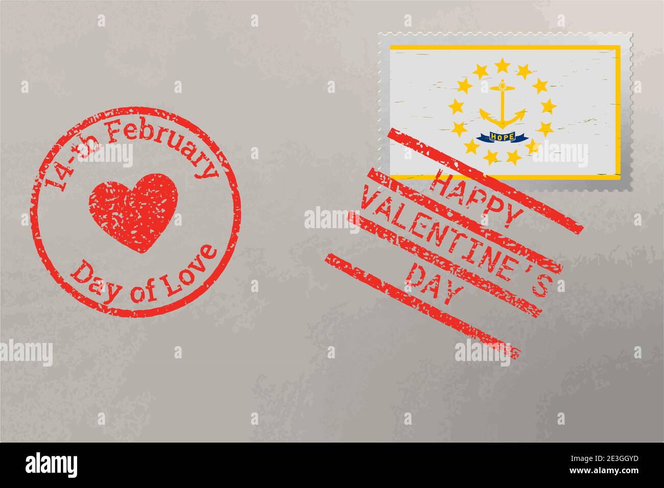 Enveloppe de timbre-poste avec drapeau des États-Unis du Rhode Island et timbres de la Saint-Valentin, vecteur Illustration de Vecteur