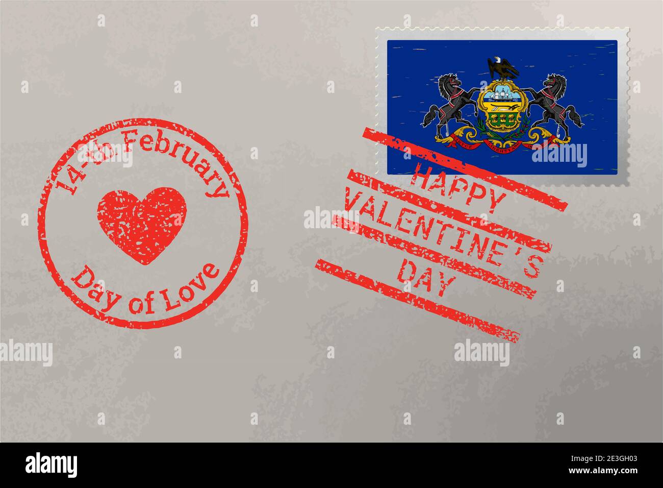 Enveloppe de timbre-poste avec drapeau des États-Unis de Pennsylvanie et timbres de la Saint-Valentin, vecteur Illustration de Vecteur