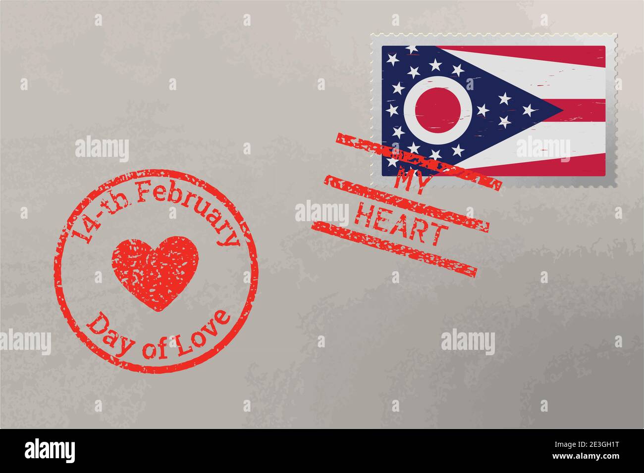 Enveloppe de timbre-poste avec drapeau des États-Unis de l'Ohio et timbres de la Saint-Valentin, vecteur Illustration de Vecteur