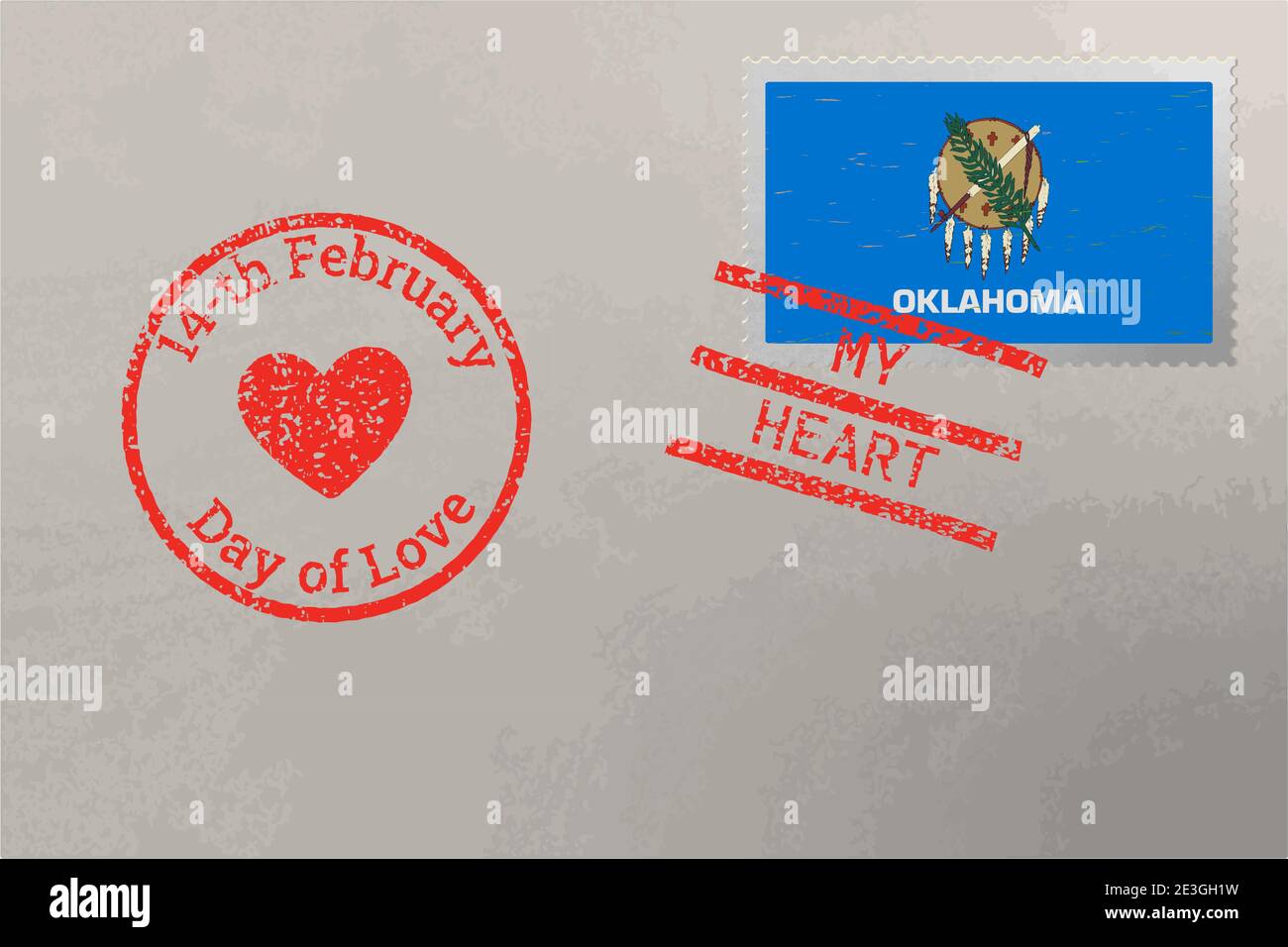Enveloppe de timbre-poste avec drapeau des États-Unis d'Oklahoma et timbres de la Saint-Valentin, vecteur Illustration de Vecteur