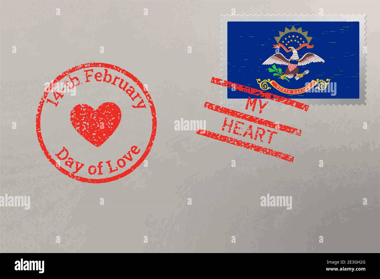 Enveloppe de timbre-poste avec drapeau des États-Unis du Dakota du Nord et timbres de la Saint-Valentin, vecteur Illustration de Vecteur