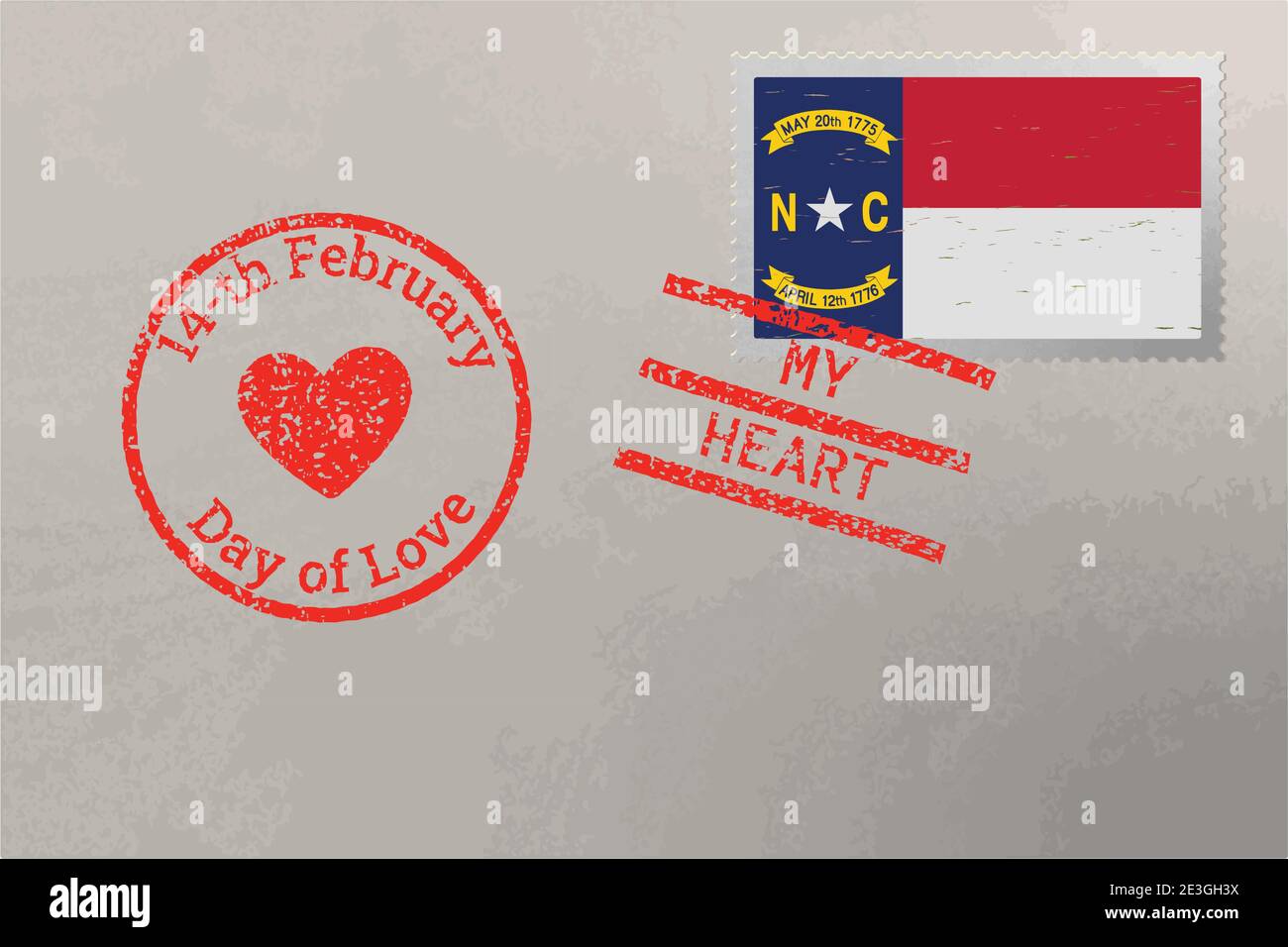 Enveloppe de timbre-poste avec drapeau des États-Unis de Caroline du Nord et timbres de Saint-Valentin, vecteur Illustration de Vecteur
