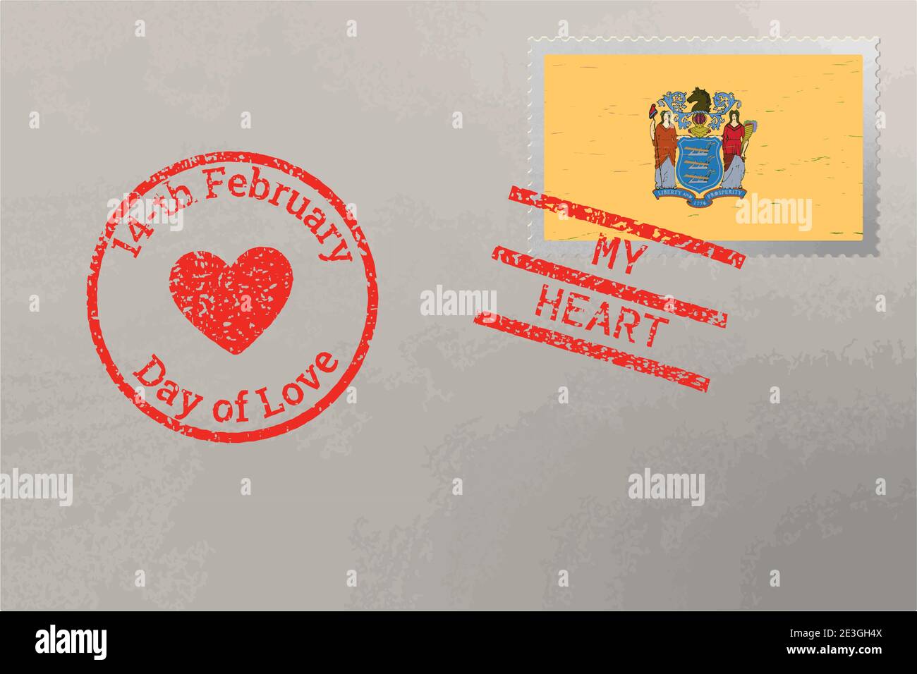 Enveloppe de timbre-poste avec drapeau des États-Unis du New Jersey et timbres de la Saint-Valentin, vecteur Illustration de Vecteur