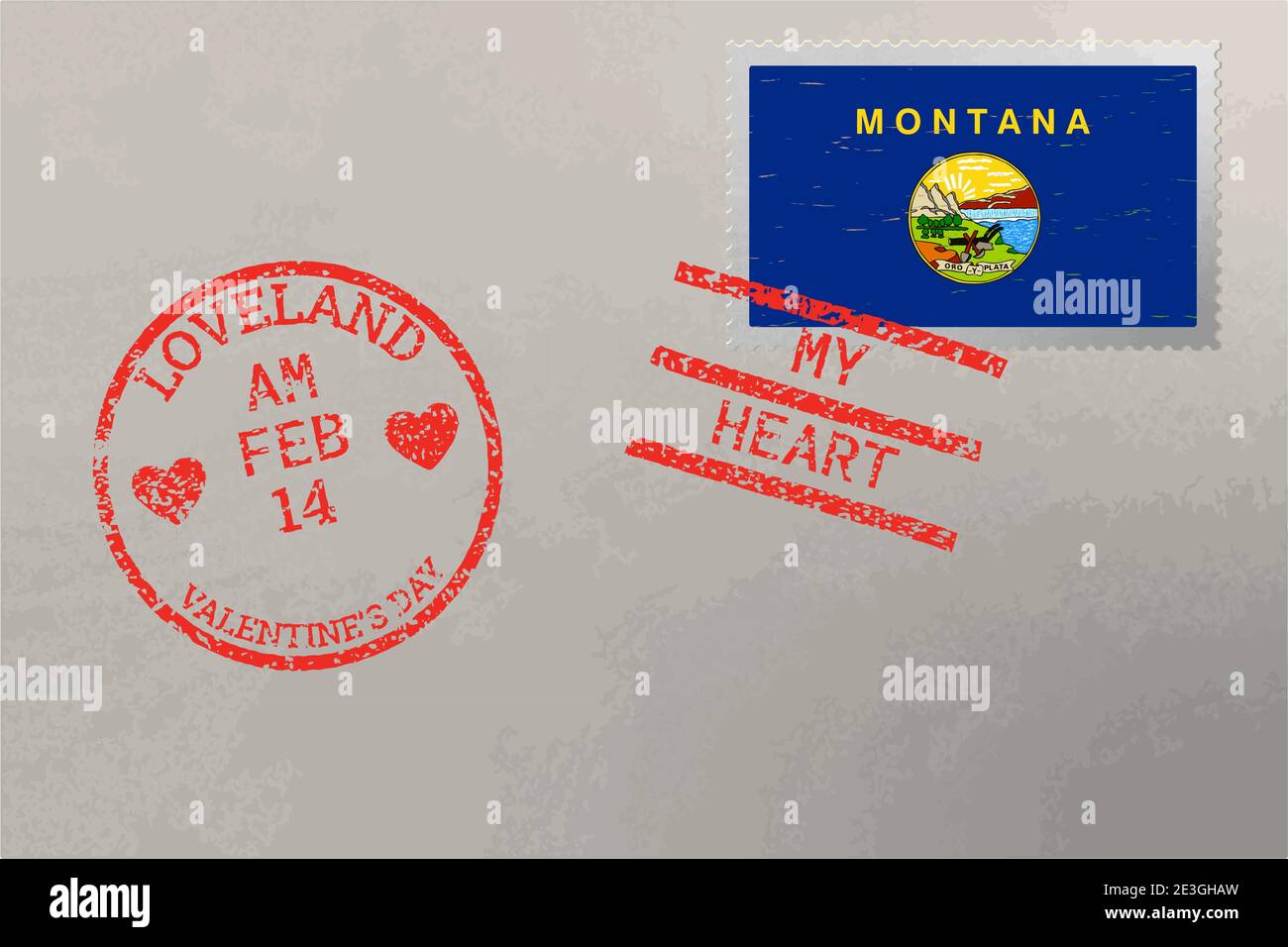 Enveloppe de timbre-poste avec drapeau des États-Unis du Montana et timbres de la Saint-Valentin, vecteur Illustration de Vecteur
