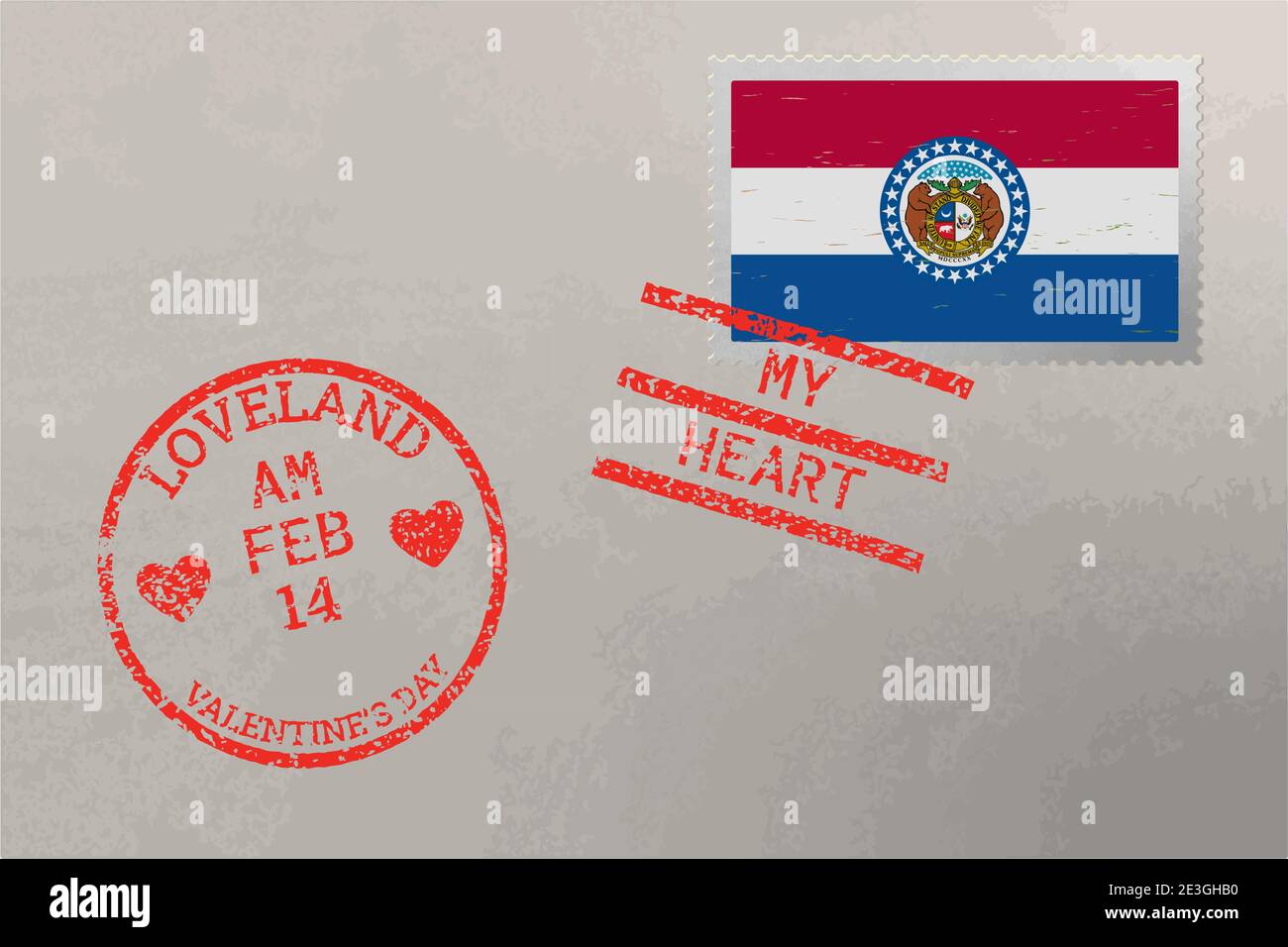 Enveloppe de timbre-poste avec drapeau des États-Unis du Missouri et timbres de la Saint-Valentin, vecteur Illustration de Vecteur