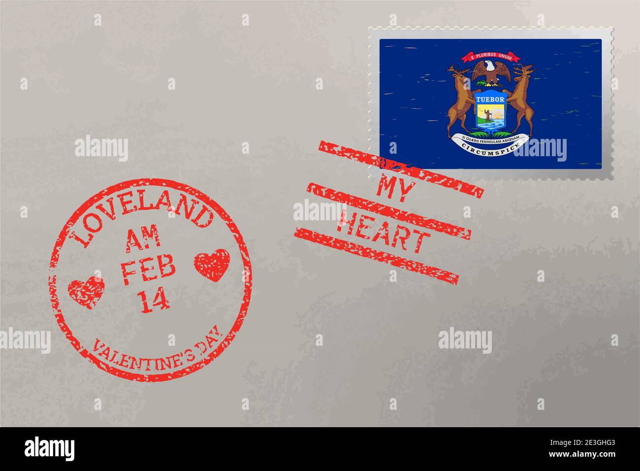 Enveloppe de timbre-poste avec drapeau des États-Unis du Michigan et timbres de la Saint-Valentin, vecteur Illustration de Vecteur
