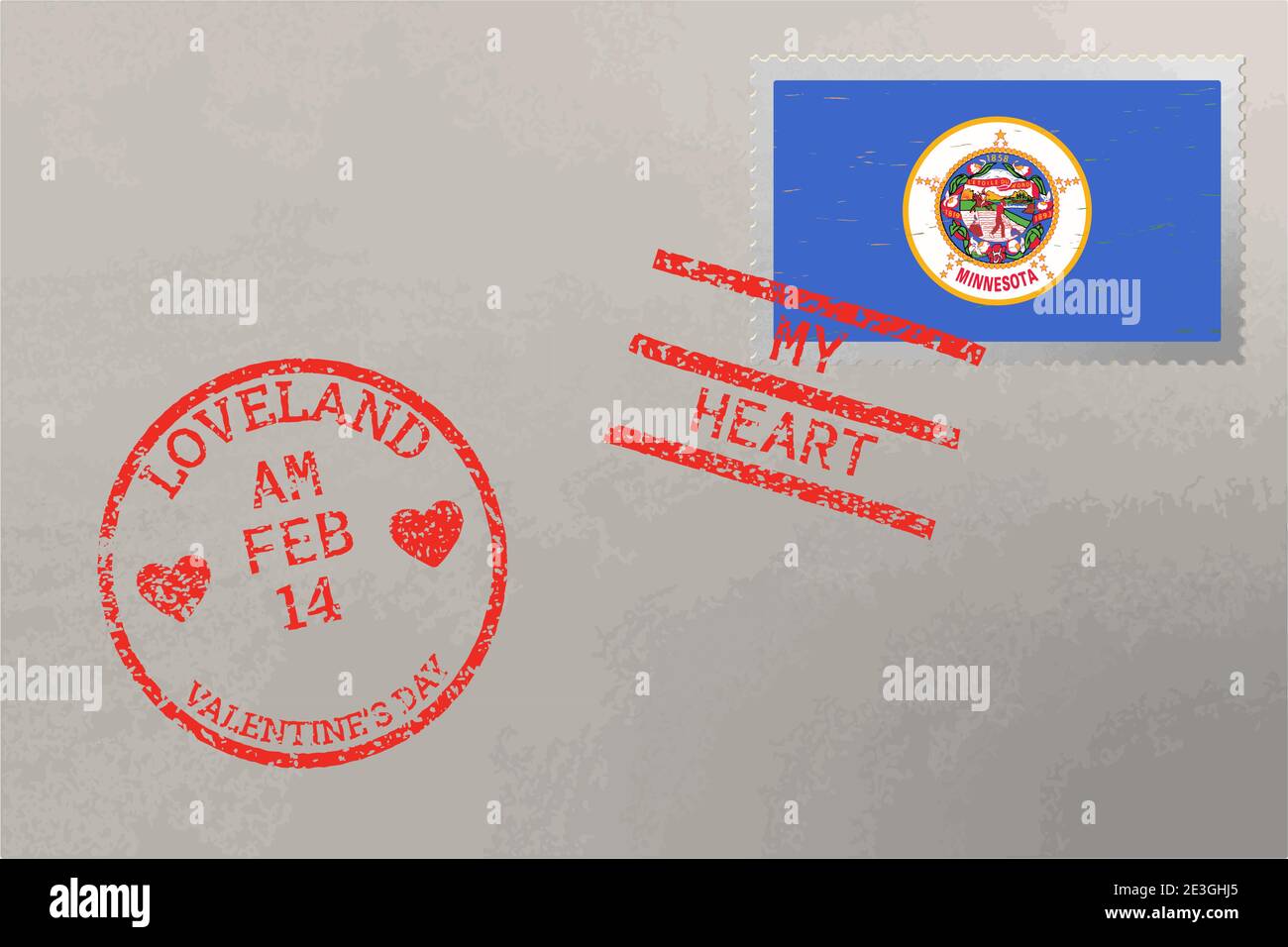 Enveloppe de timbre-poste avec drapeau des États-Unis du Minnesota et timbres de la Saint-Valentin, vecteur Illustration de Vecteur