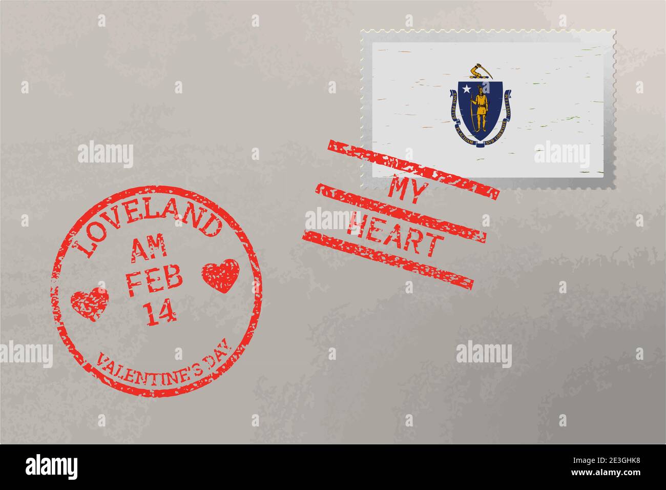 Enveloppe de timbre-poste avec drapeau des États-Unis du Massachusetts et timbres de la Saint-Valentin, vecteur Illustration de Vecteur