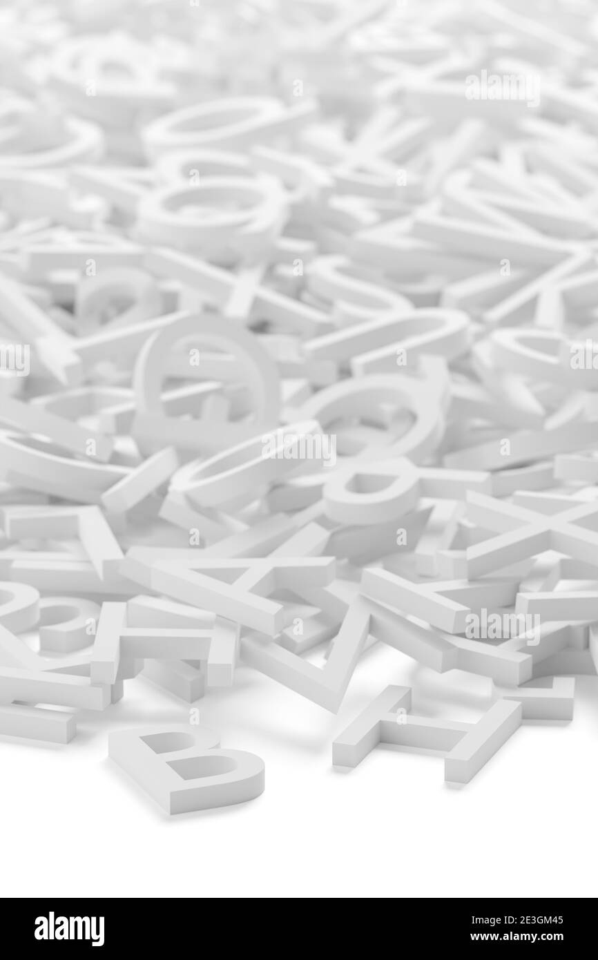 Tas de lettres blanches monochromes à caractères alphabétiques sur fond blanc, littérature, éducation, savoir-faire ou concept d'écriture, illustration 3D, sele Banque D'Images
