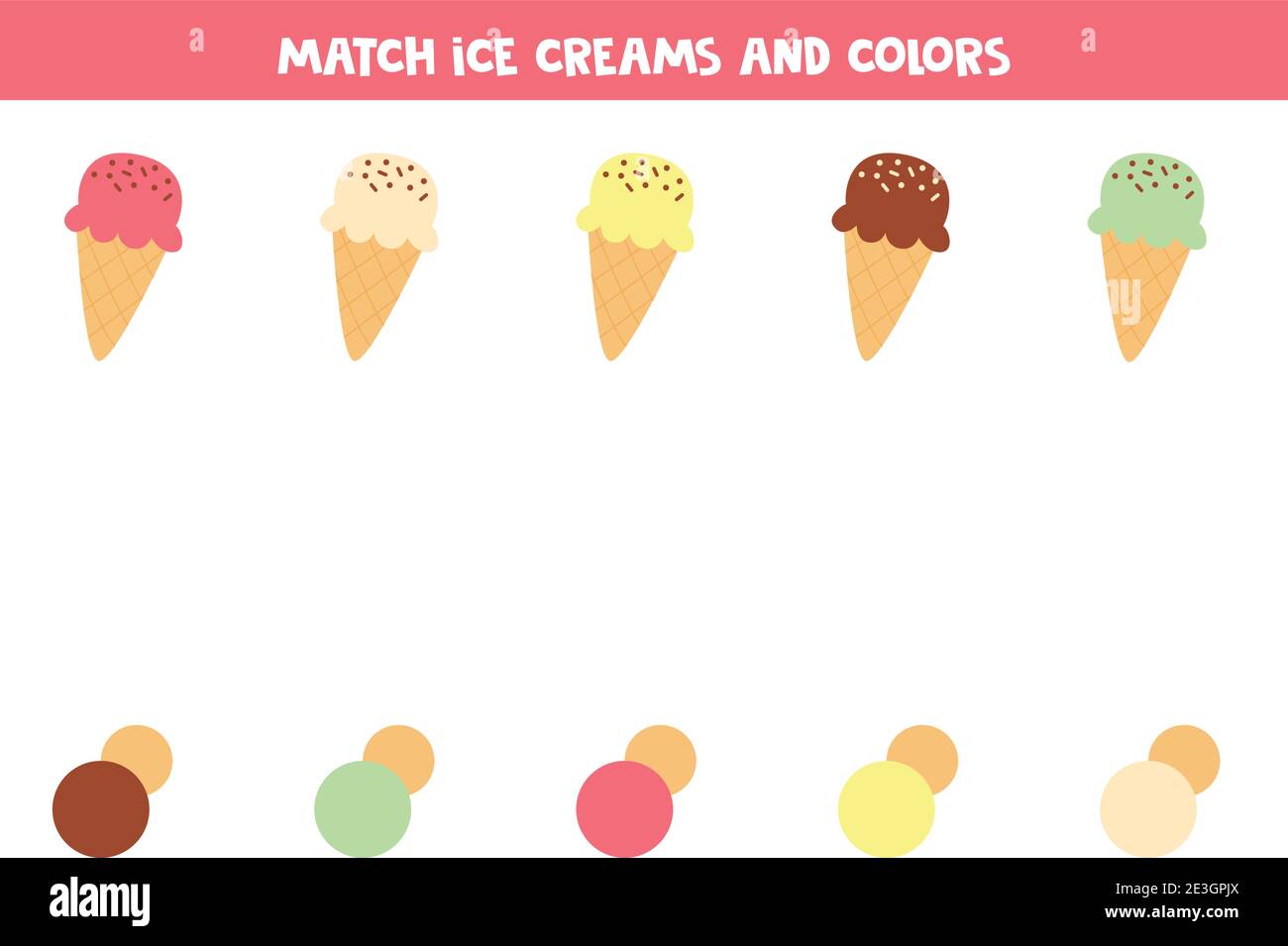 Assortir les cornets et les couleurs de crème glacée. Jeu éducatif assorti pour les enfants. Illustration de Vecteur