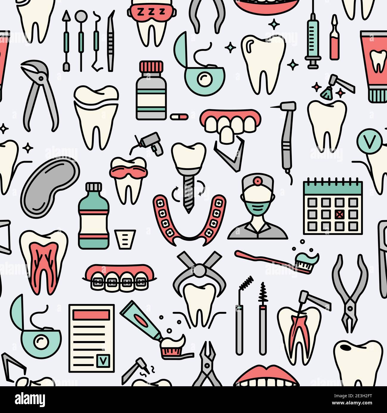 Motif sans couture avec icônes de la dentisterie de ligne. Éléments vectoriels plats dentaires. Illustration de Vecteur