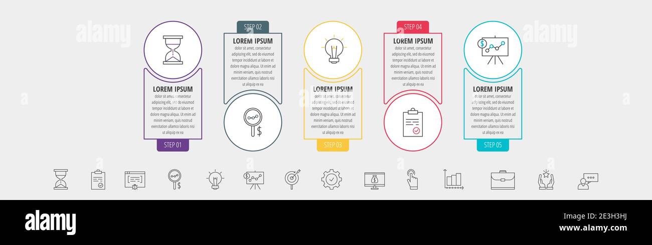 Infographie sur les lignes vectorielles des cercles avec icônes en 5 étapes. Chronologie utilisée pour le diagramme, le graphique, le Web, la bannière, la disposition du flux de travail, les présentations, l'organigramme, le traitement Illustration de Vecteur