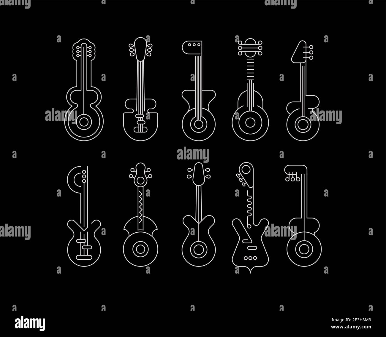 Silhouettes d'art de ligne isolées sur un fond noir icône de guitare ensemble illustration vectorielle. Dix guitares différentes, chaque icône est sur une couche séparée. Illustration de Vecteur Silhouettes d'art de ligne isolées sur un fond noir icône de guitare ensemble illustration vectorielle. Dix guitares différentes, chaque icône est sur une couche séparée. Illustration de Vecteur