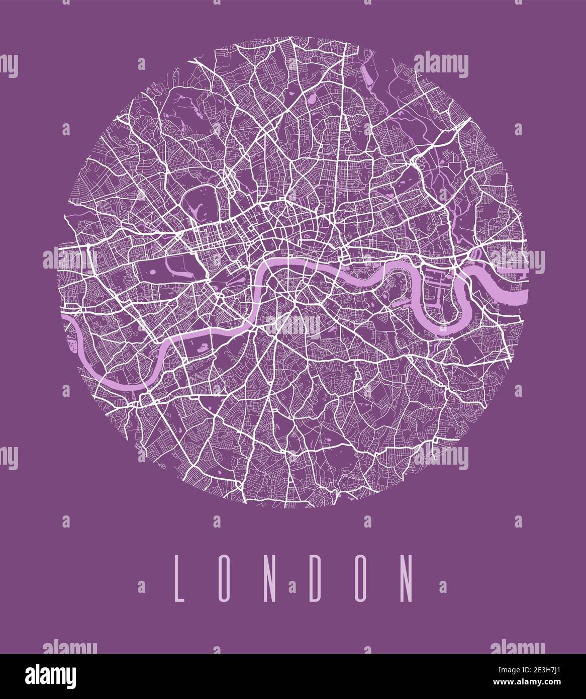 Affiche carte de Londres. Plan de la ville de Londres au design décoratif. Panorama urbain aria silhouette vue aérienne, style typographique. Terrain, rivière, autoroute Illustration de Vecteur