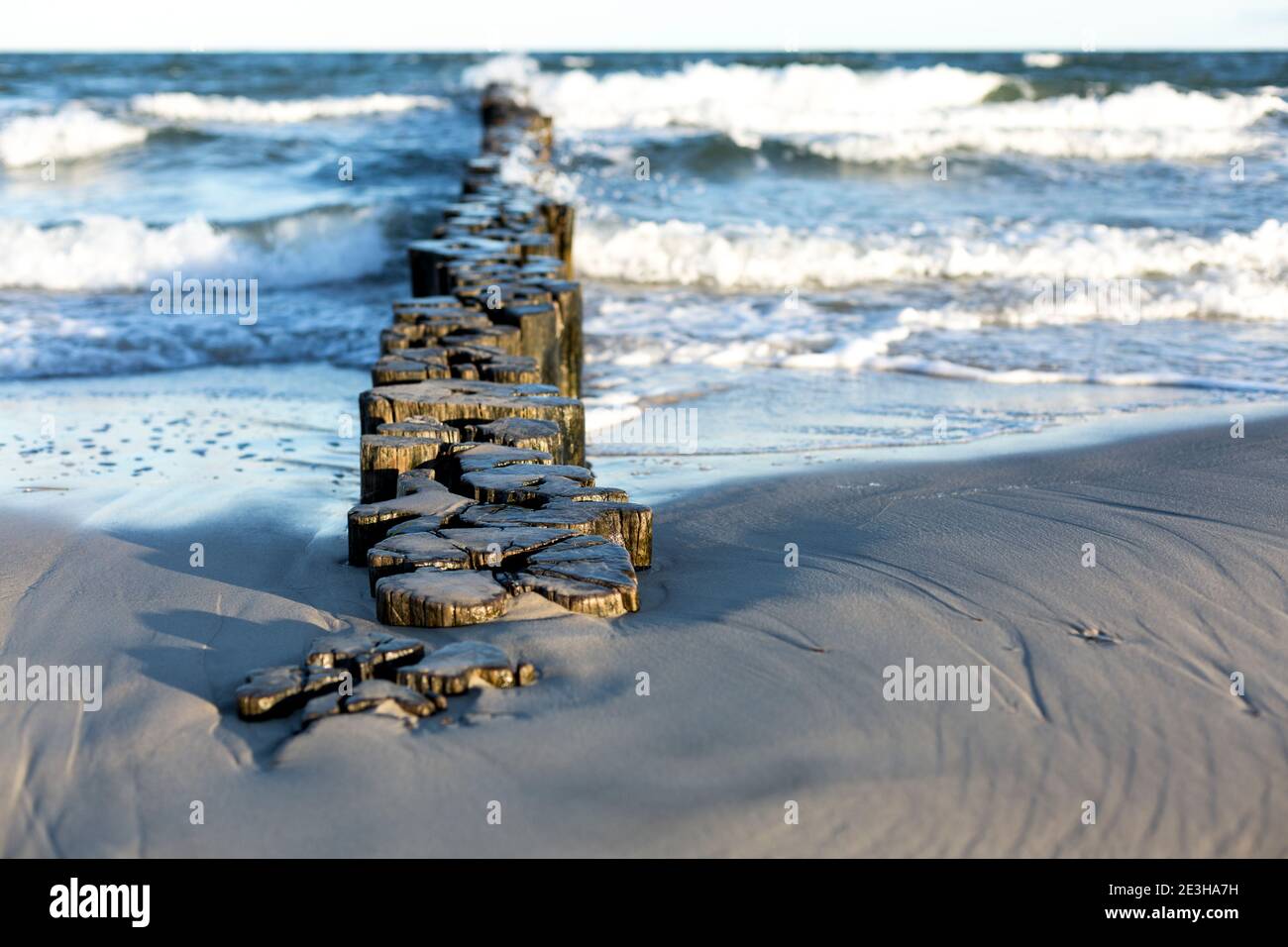 Paisible plage d'été montrant le brise-lames en bois pendant l'heure d'or Juste après le lever du soleil sur la côte allemande de la mer Baltique Banque D'Images