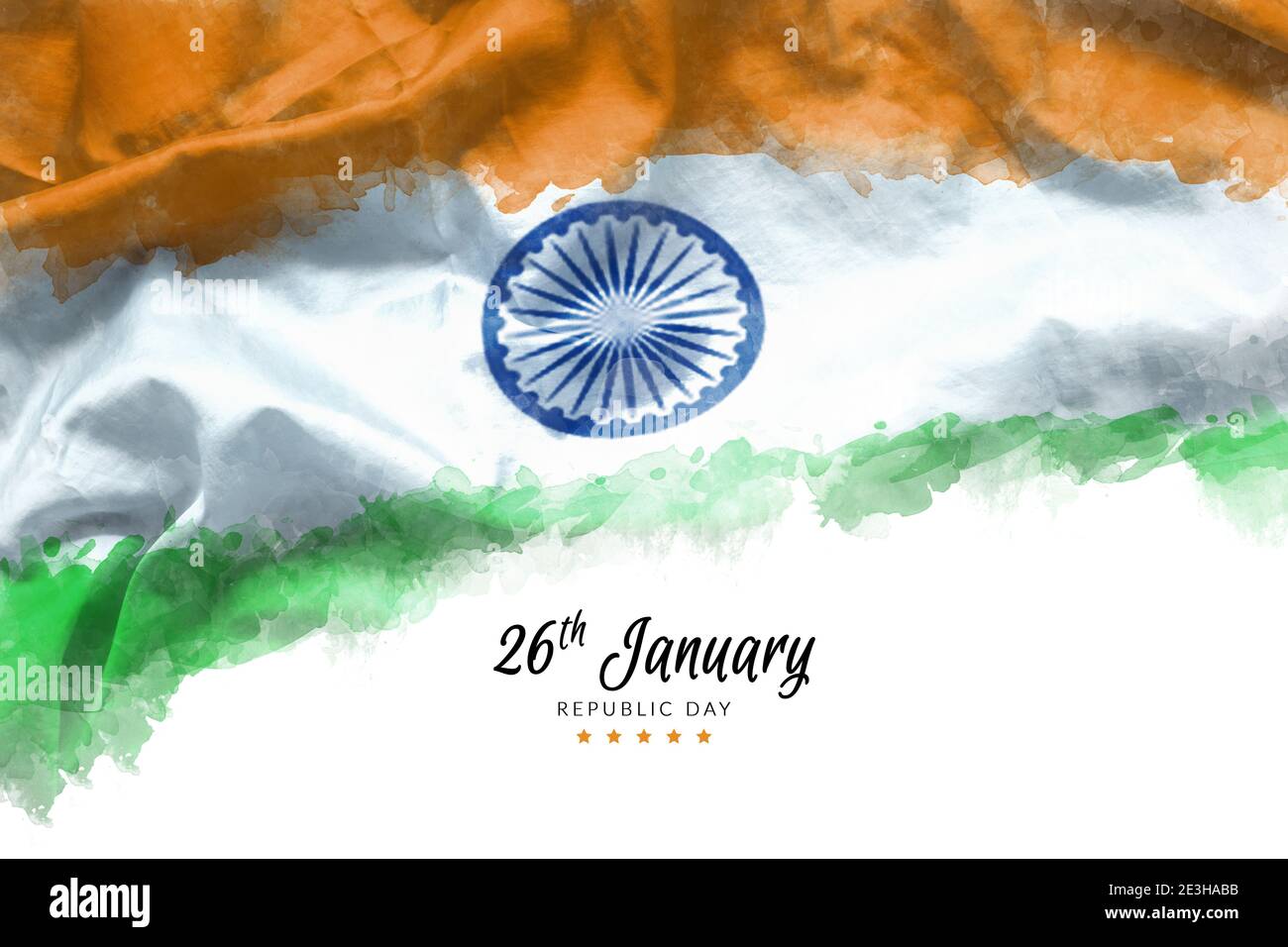 Illustration de la Journée de la République indienne heureuse pour le fond de l'affiche ou de la bannière. Drapeau de l'Inde peint par aquarelle sur toile texture avec roue Ashoka Banque D'Images