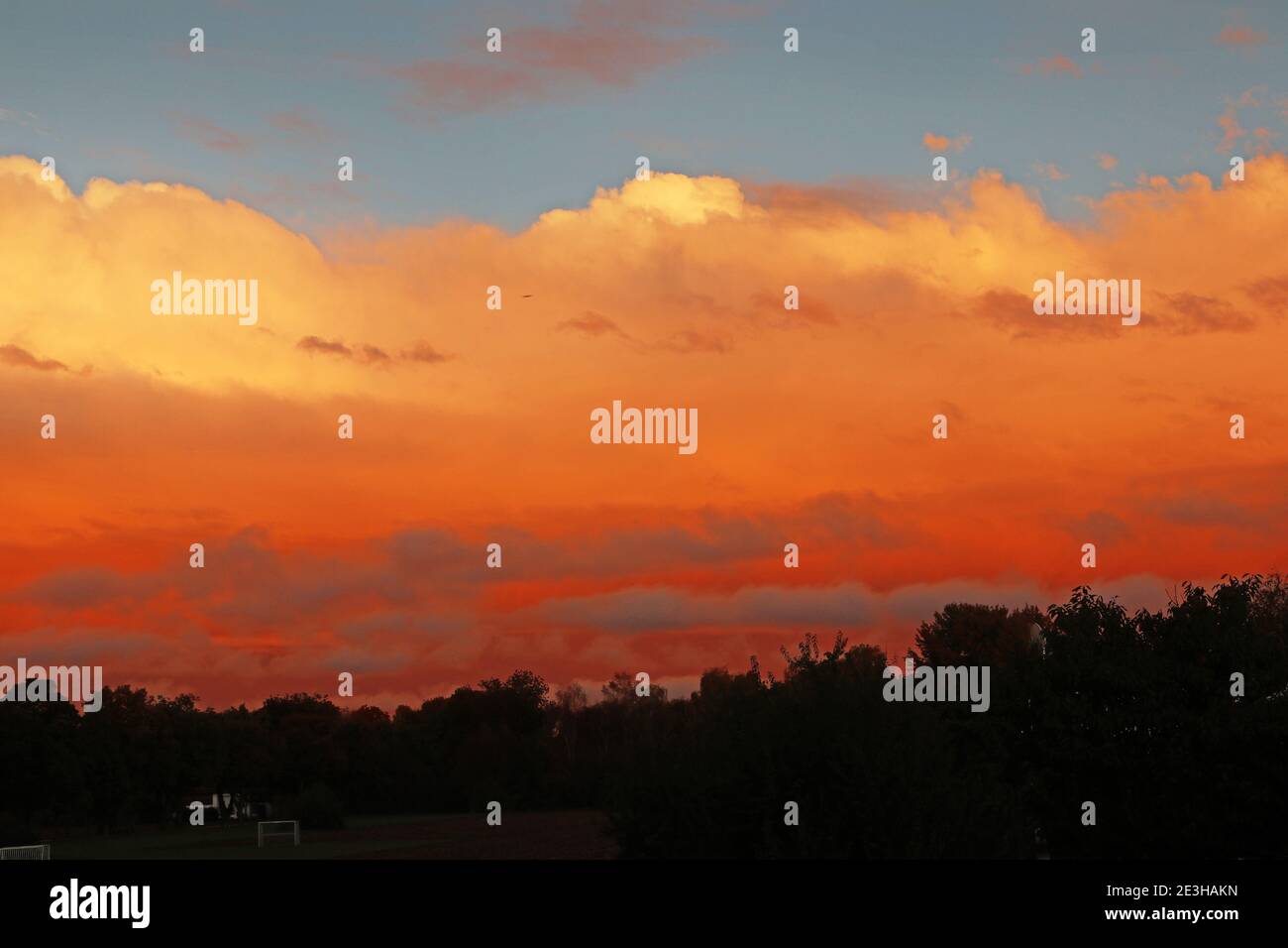 Coucher de soleil majestueux avec des nuages rouges dans le ciel et silhouettes d'arbre sous Banque D'Images