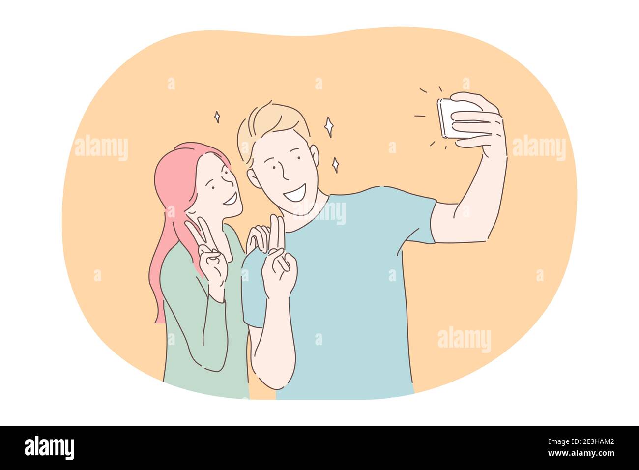 Selfie, faire des photos sur smartphone, blogging, partage de concept en ligne. Jeunes souriants couple personnages de dessin animé montrant le signe de la paix avec les doigts, regardant Illustration de Vecteur